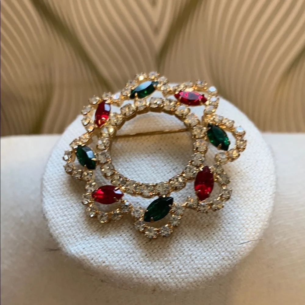 Vintage Gold Brooch with Red and Green Accents